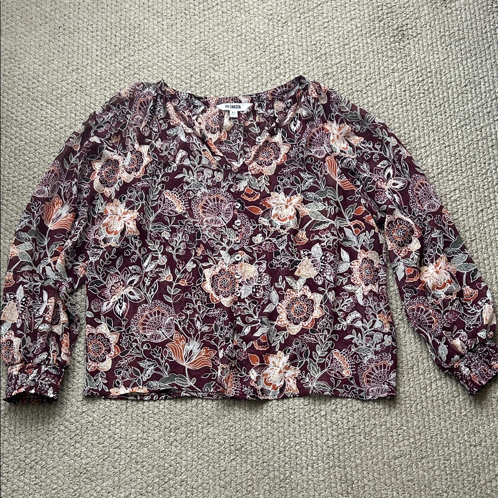 BB Dakota Floral V-Neck Blouse - Burgundy and Orange